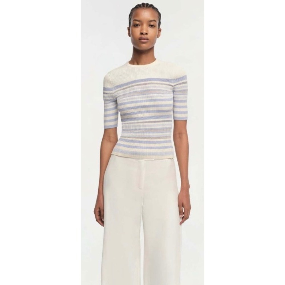 SIMKHAI Elena Striped Ribbed Knit Top French Blue XS